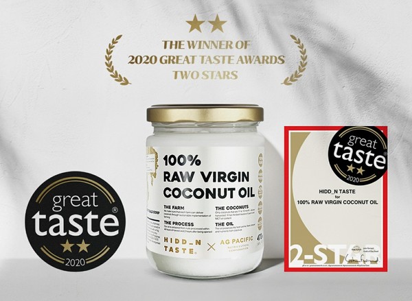 히든앤코의 브랜드 히든테이스트 100% 생과육 버진 코코넛오일. 올해 Great Taste Awards 2020 투스타에 선정됐다./사진제공=히든앤코