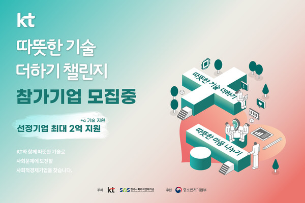 KT가 한국사회가치연대기금과 사회적경제 기업을 육성하기 위한 공모전 ‘따뜻한 기술 더하기 챌린지’를 개최한다./사진제공=KT