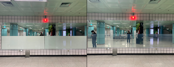 스마트 필름 거울은 평소에는 불투명하다가 예약자가 사용 시 투명하게 변한다. 종료 10분전에는 붉은 전등이 표시된다. /출처=(사)대구시민센터