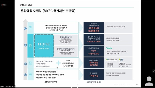 혼합금융 모델링. 오른쪽 표는 MYSC가 투자한 소셜벤처 위허들링 예시다./출처=김정태 MYSC 대표 발표자료
