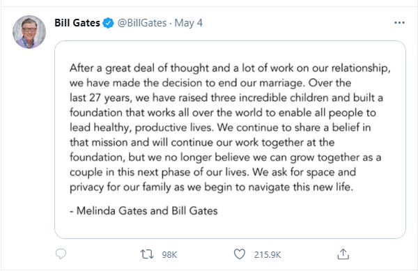 빌 게이츠와 멜린다 게이츠 부부는 지난 4일 이혼 사유를 트위터 등을 통해 발표했다. / 출처=빌게이츠 공식 트위터