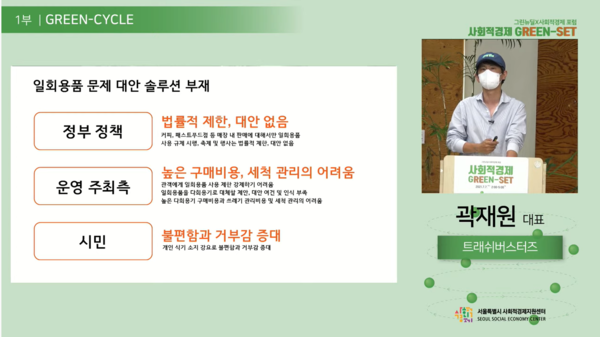 곽재원 트래쉬버스터즈 대표가 발표를 진행하고 있다./출처=서울시사회적경제지원센터 유튜브
