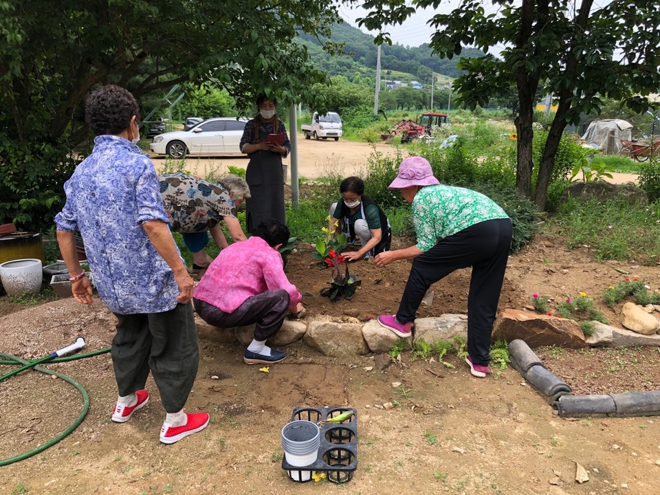 마을요양원 할머니들이 정원가꾸기 프로그램을 진행하고 있다./사진=이상배 농부
