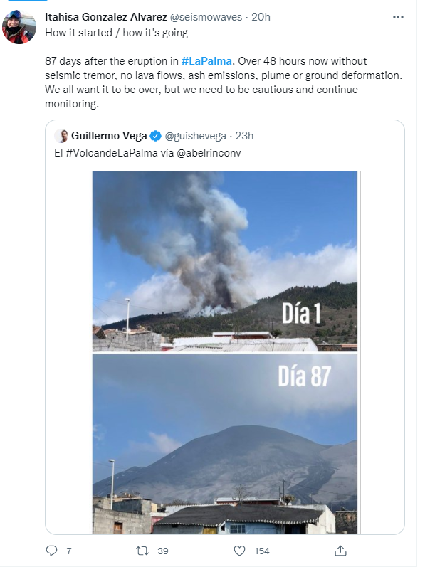 라팔마섬의 화산이 2일 정도 움직임이 멈췄다는 내용이 트위터를 통해서도 확산됐다. / 출처=트위터