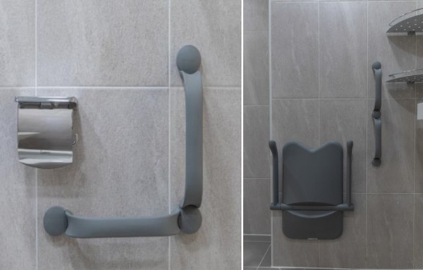 변기 옆에 설치된 안전 손잡이(왼쪽)와 샤워 공간에 설치된 접이식 의자와 안전 손잡이(오른쪽)/출처=유니버설하우징 협동조합