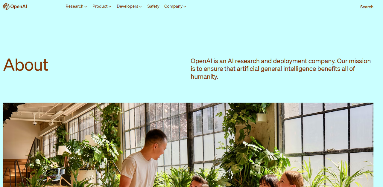 OpenAI 홈페이지의 회사 소개 화면