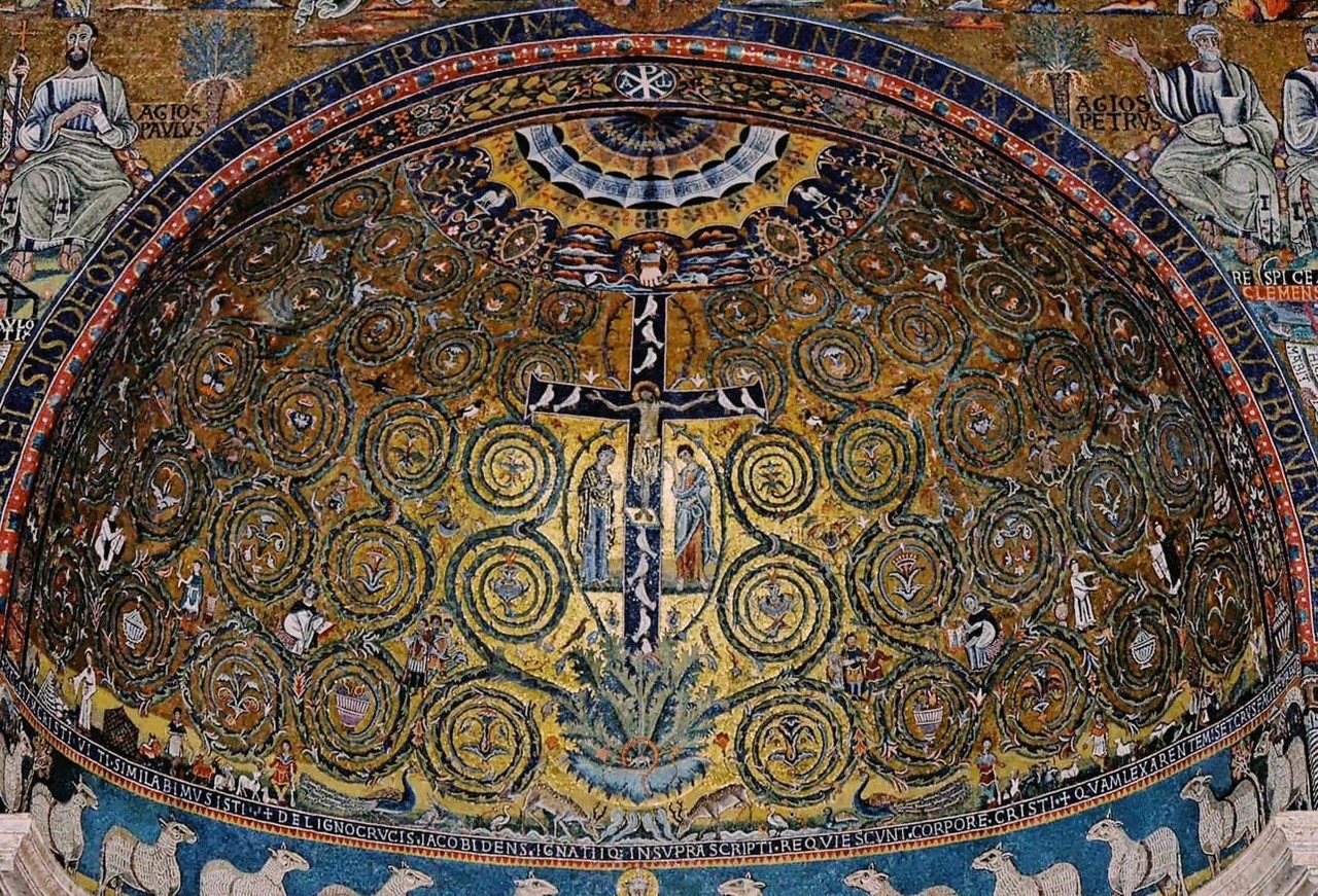 '생명의 나무', 12세기, 로마 산 클레멘테 성당(Basilica of San Clemente, Rome). *생명의 나무와 나무 십자가가 겹쳐져 있어서, 예수 그리스도가 진정한 생명을 가져다줄 것임을 보여준다.