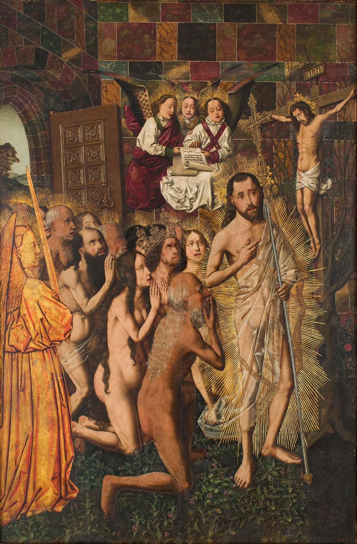 바르톨로메 베르메호(Bartolomé Bermejo), '패트리아크들을 천국으로 이끄시는 그리스도(Christ Leading the Patriarchs to Paradise)', 1480년경. 아담과 이브와 함께 므두셀라가 묘사되어 있다.
