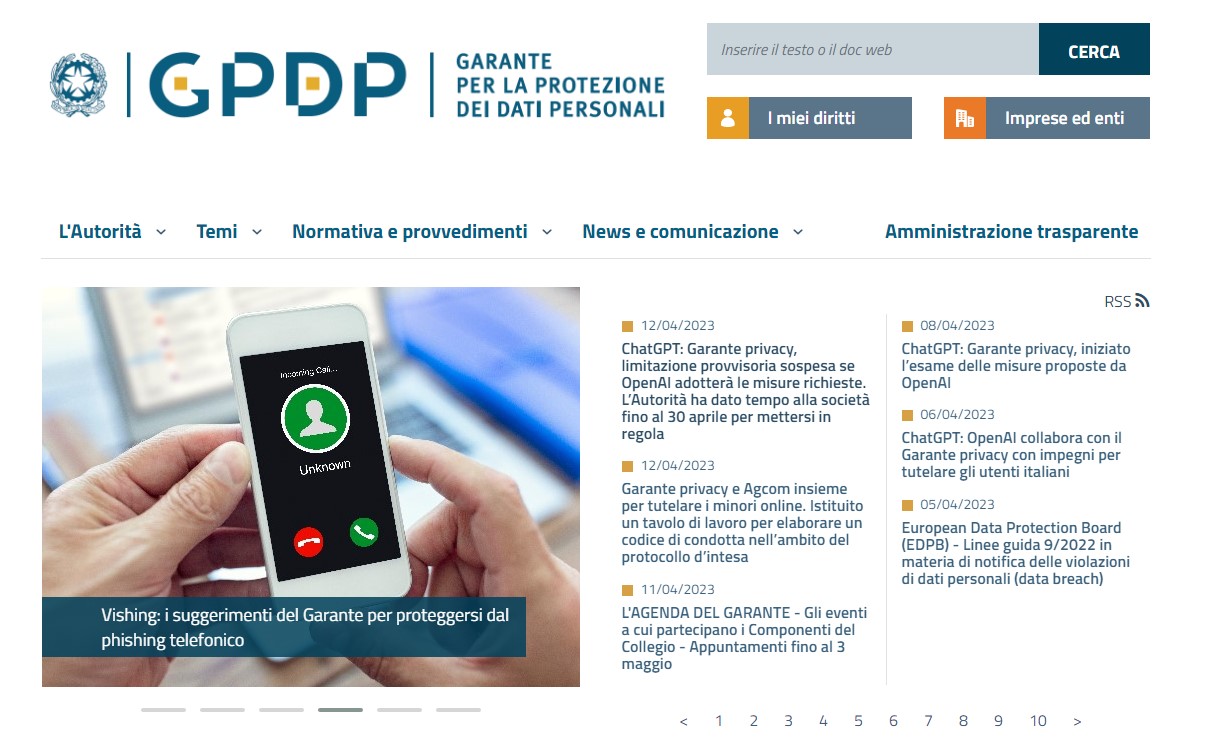 이탈리아 개인정보보호 규제 기관 Garante 홈페이지 메인화면