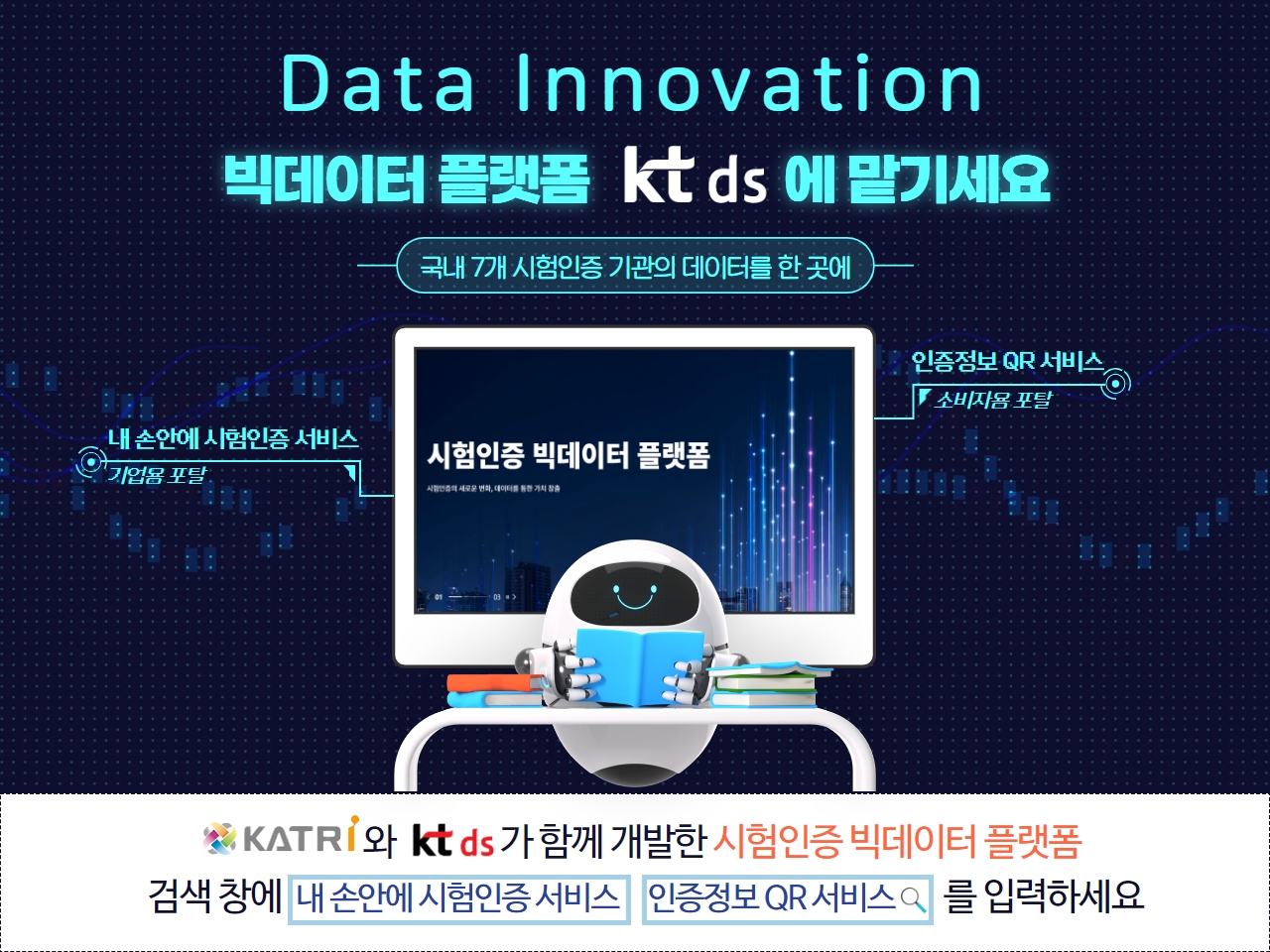 KT그룹의 IT 서비스 전문기업 KT DS가 국내 시험인증기관의 데이터를 관리하는 ‘시험인증 빅데이터 플랫폼’을 구축했다고 6일 밝혔다. 시험인증 빅데이터 플랫폼 구축 완료 홍보 이미지. 제공=KT