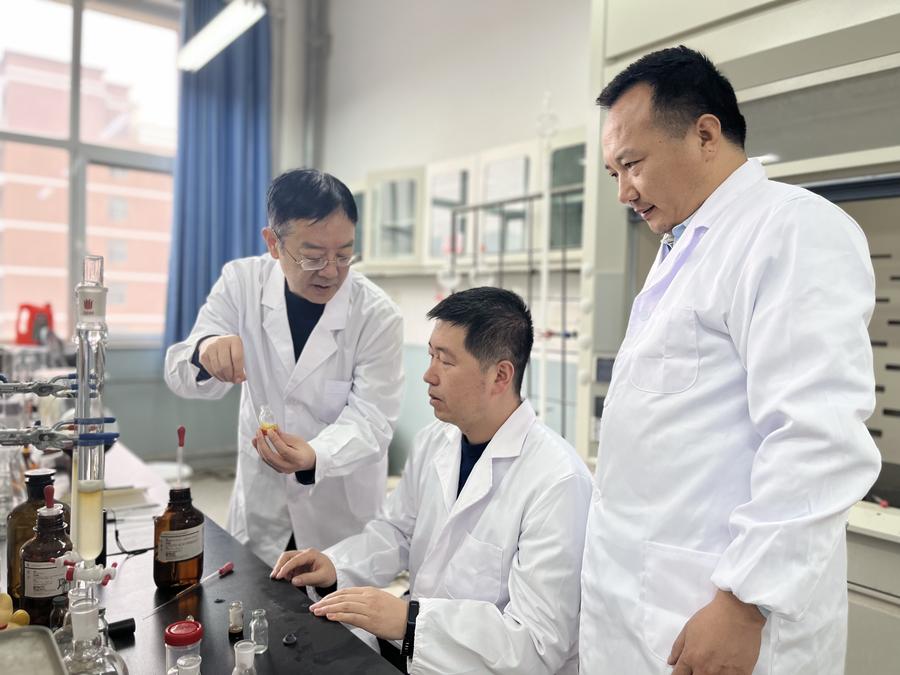 선퉁(沈彤) 란저우(蘭州)교통대학 교수(왼쪽)가 지난달 31일 실험실에서 연구팀 팀원들과 바이오 농약에 대해 토론하고 있다. (사진/신화통신)