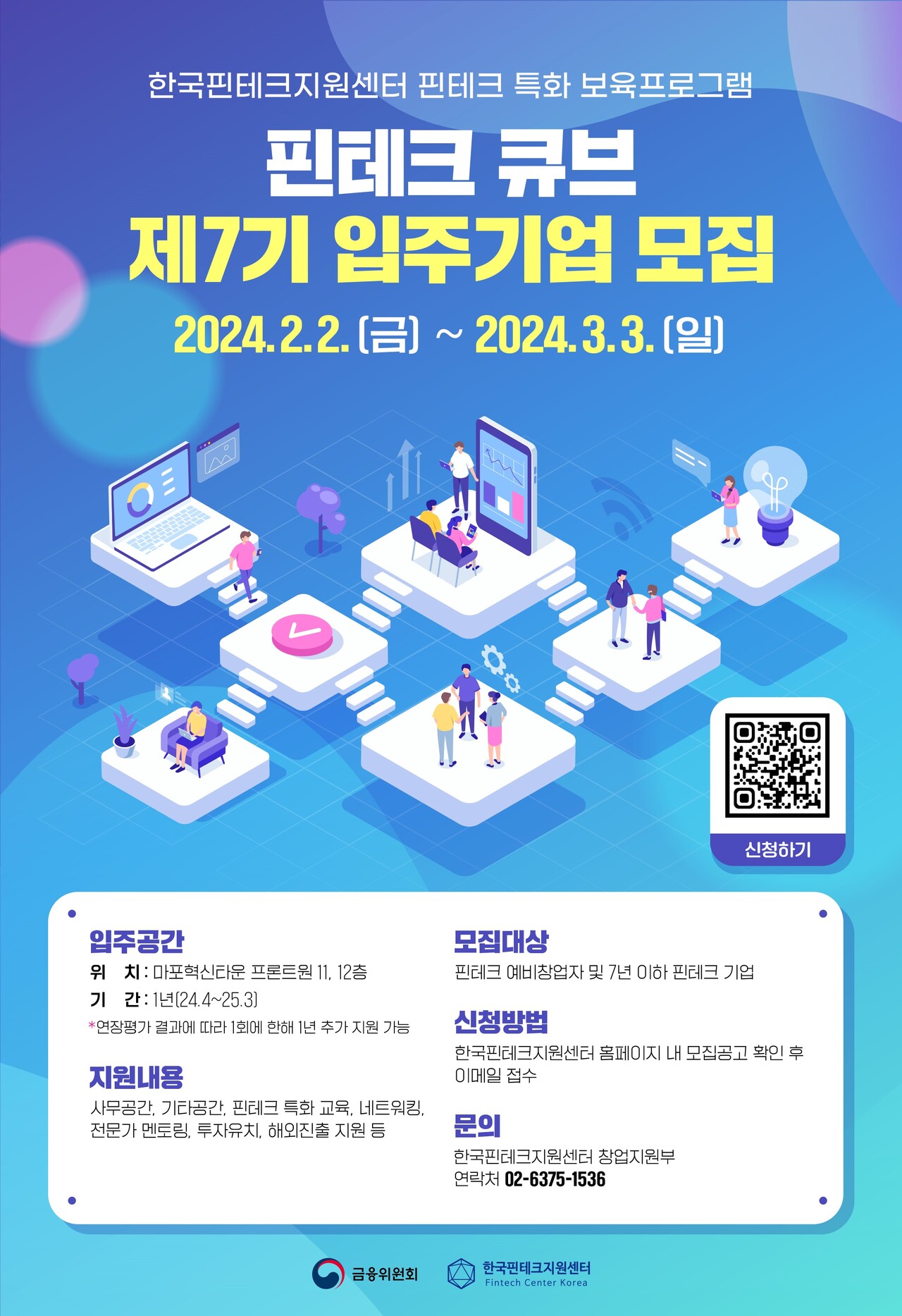 한국핀테크지원센터가 핀테크 큐브 7기 입주기업을 모집한다.