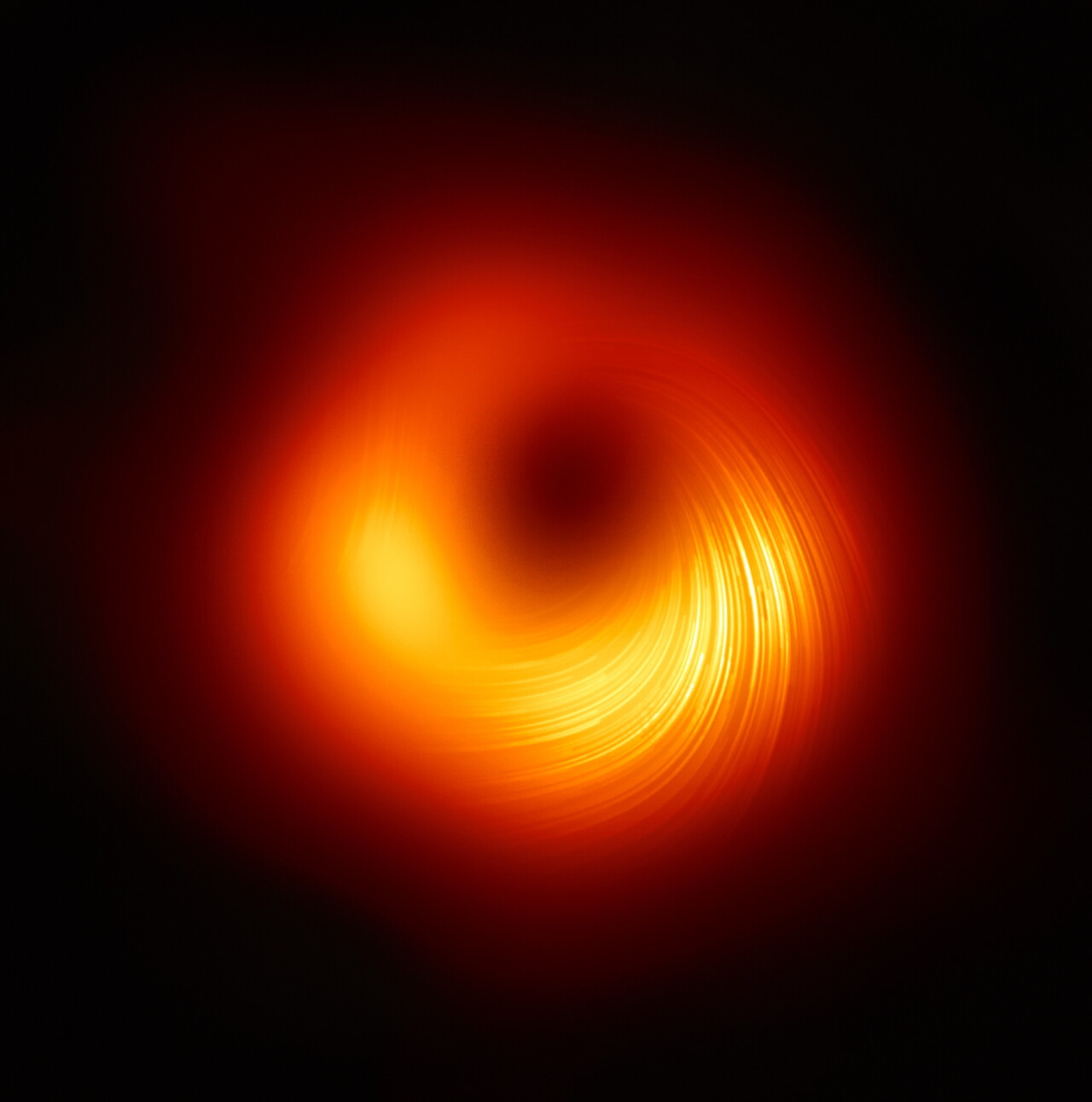 EHT 국제 공동 연구팀이 공개한 M87 은하 중심에 있는 초대질량 블랙홀의 편광 영상 / 사진 = 한국천문연구원
