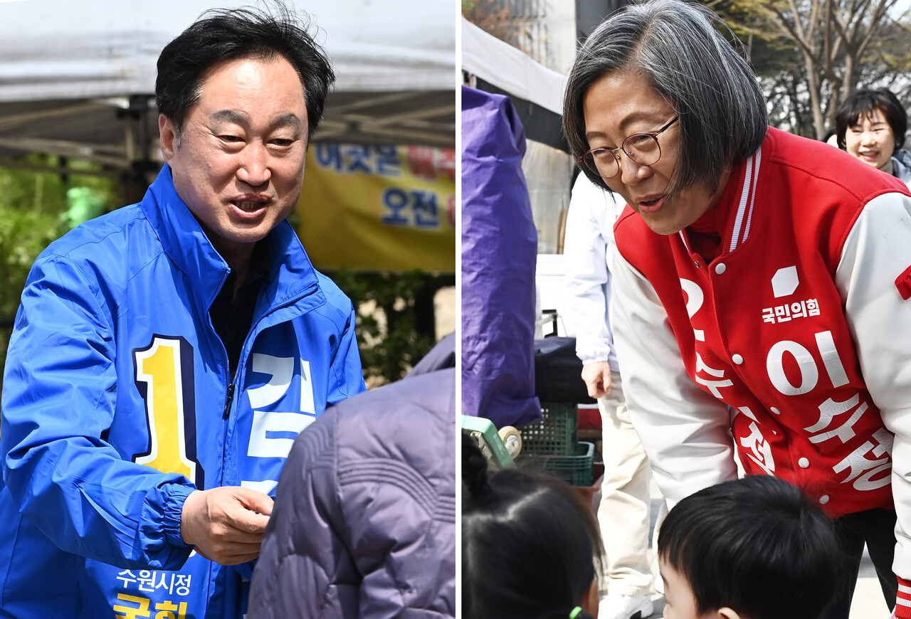 제22대 국회의원선거 수원정에 출마한 김준혁 더불어민주당 후보(사진 왼쪽)와 이수정 국민의 힘 후보가 시민들에게 인사하며 지지를 호소하고 있다./자료사진=뉴시스