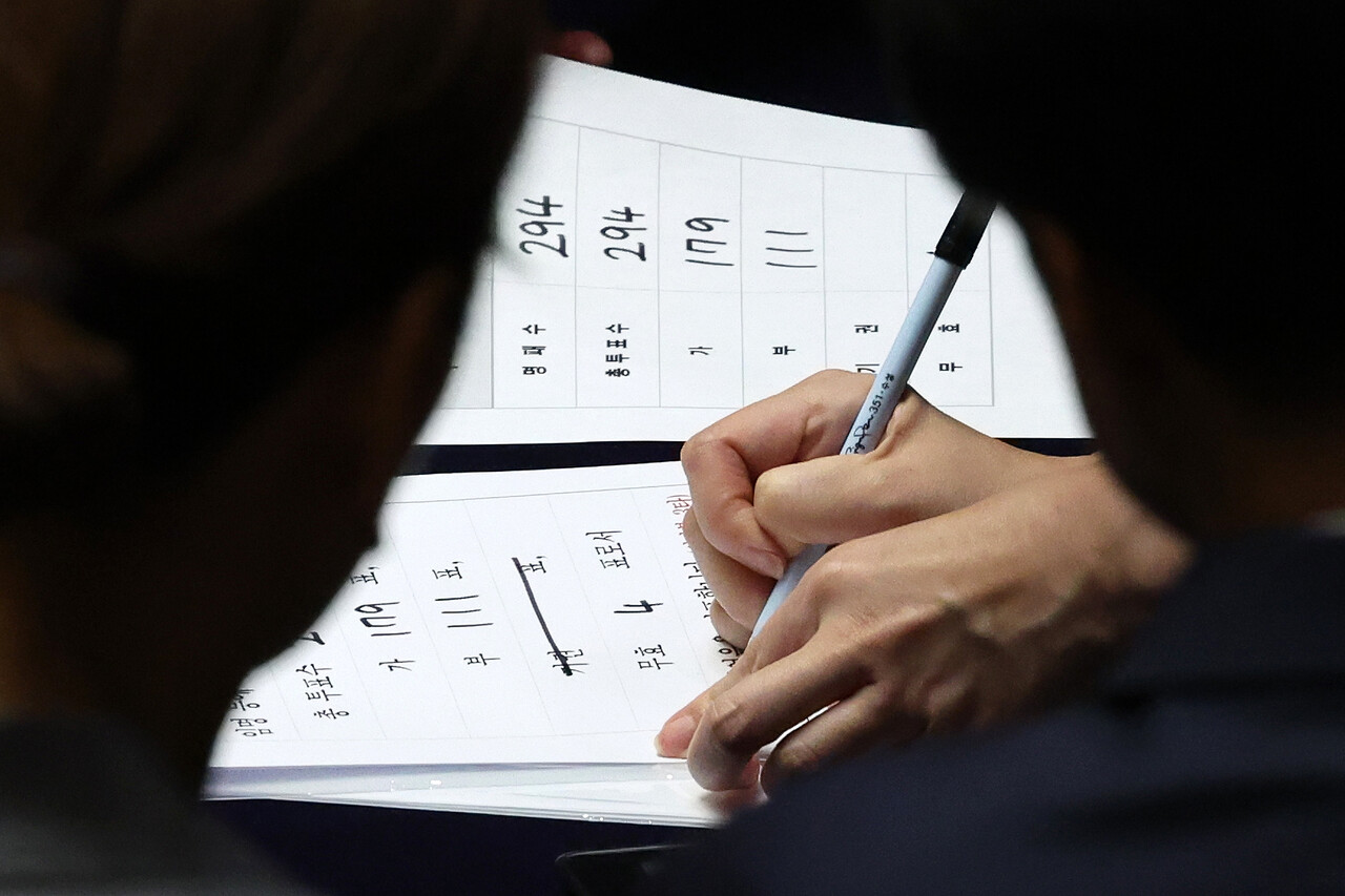 28일 오후 서울 여의도 국회에서 열린 제414회 국회(임시회) 제2차 본회의에서 직원이 순직 해병 수사 방해 및 사건 은폐 등의 진상규명을 위한 특별검사의 임명 등에 관한 법률안 재의의 건 표결 결과를 적고 있다. 2024.05.28./뉴시스