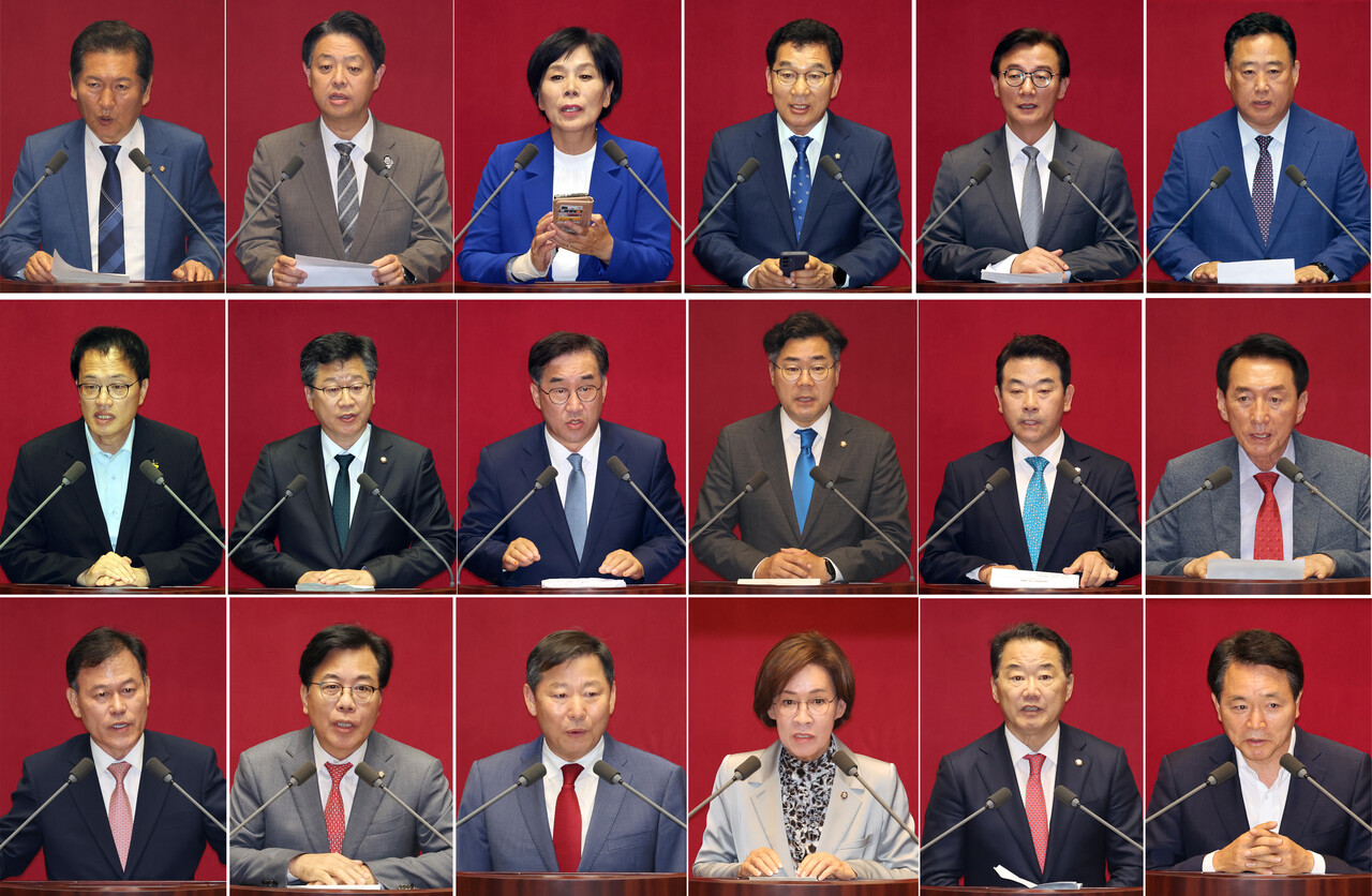 왼쪽 윗줄부터 정청래 법사위원장, 김영호 교육위원장, 최민희 과방위원장, 신정훈 행안위원장, 전재수 문체위원장, 어기구 농해수위원장. 왼쪽 두 번째줄부터 박주민 보건복지위원장, 안호영 환노위원장, 맹성규 국토교통위원장, 박찬대 운영위원장, 박정 예결위원장(이상 더불어민주당), 김석기 외교통일위원장, 왼쪽 세 번째줄부터 윤한홍 정무위원장, 송언석 기획재정위원장, 이철규 산업통상자원중소벤처기업위원장, 이인선 여성가족위원장, 신성범 정보위원장, 성일종 국방위원장(이상 국민의힘)./사진=뉴시스