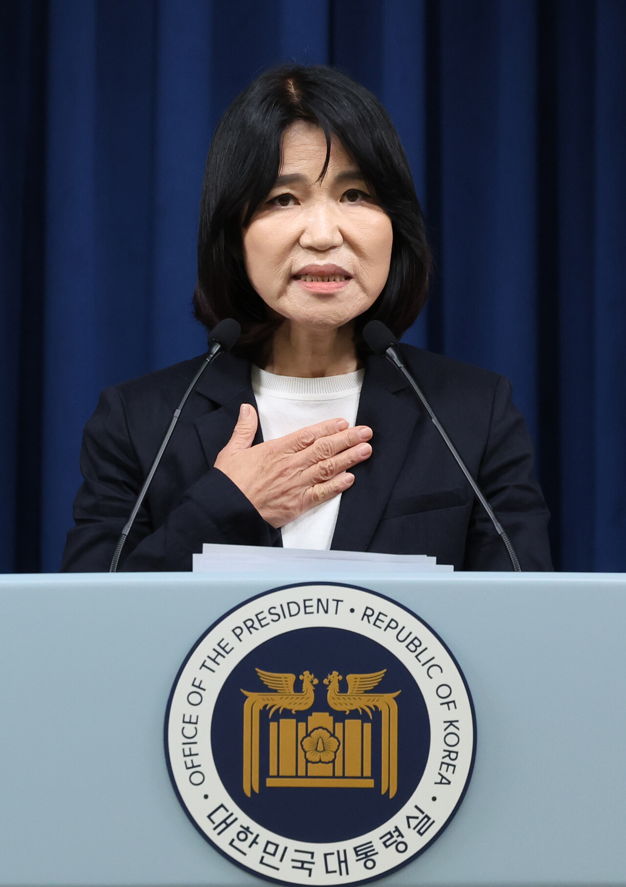 이진숙 방송통신위원장 후보자가 4일 서울 용산 대통령실 청사에서 열린 정무직 인선 발표 브리핑에서 지명 소감을 밝히고 있다. 2024.07.04./뉴시스