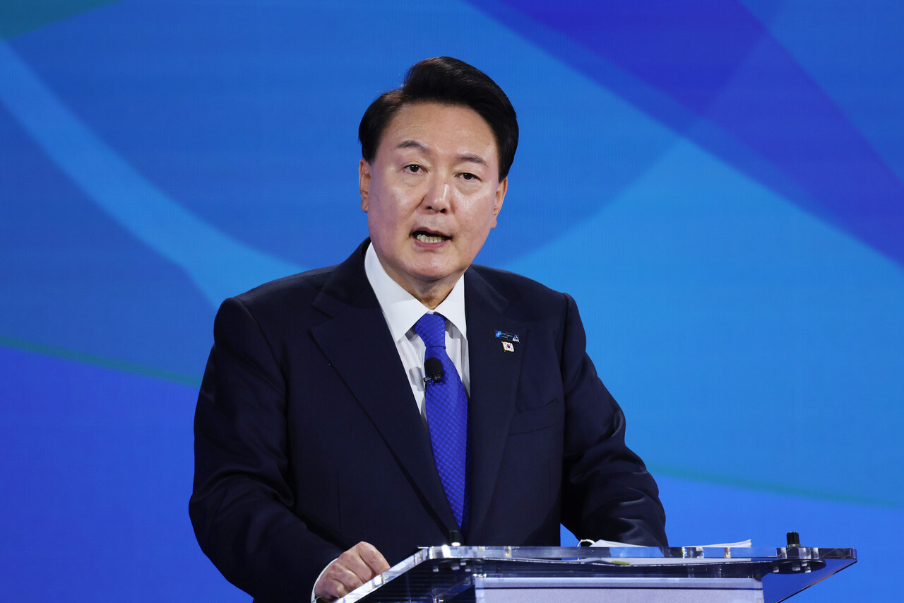 윤석열 대통령이 11일(현지시각) 미국 워싱턴DC 메리어트 마르퀴스 호텔에서 열린 나토 퍼블릭 포럼 인도·태평양세션에서 연설하고 있다. 2024.07.12./사진=뉴시스