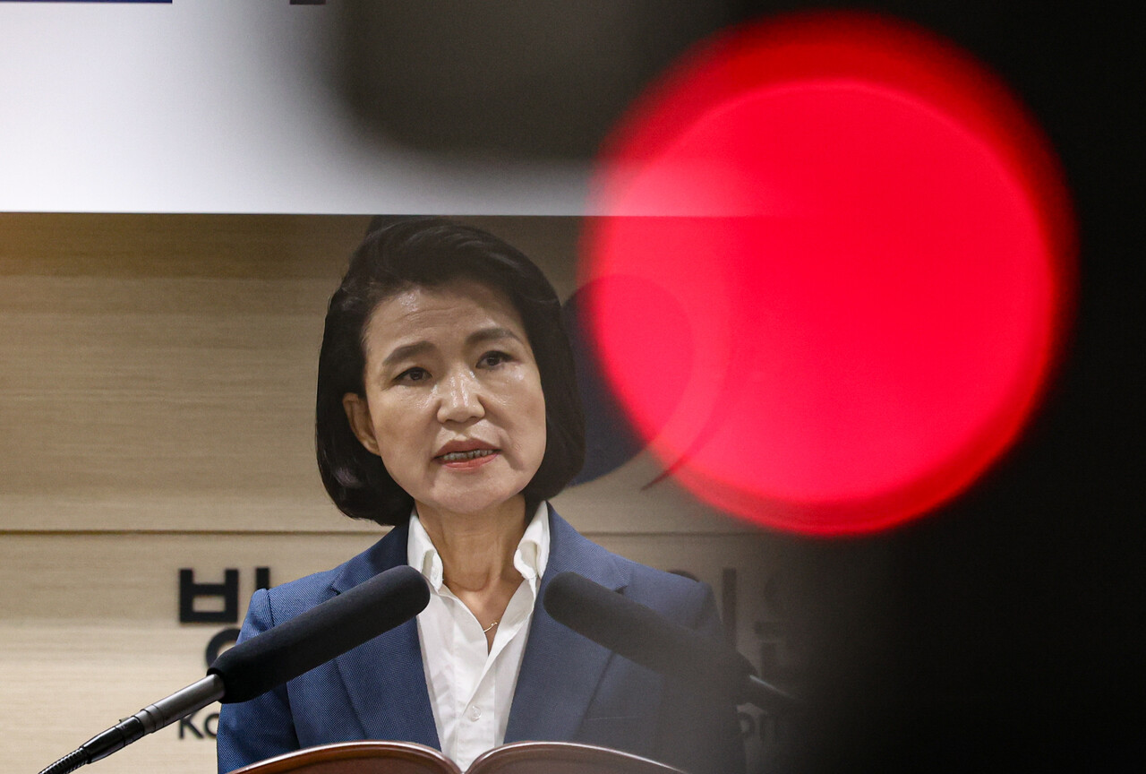 이진숙 방송통신위원장이 31일 경기 과천시 정부과천청사 방송통신위원회에서 열린 취임식에서 취임사를 하고 있다. (공동취재) 2024.07.31.