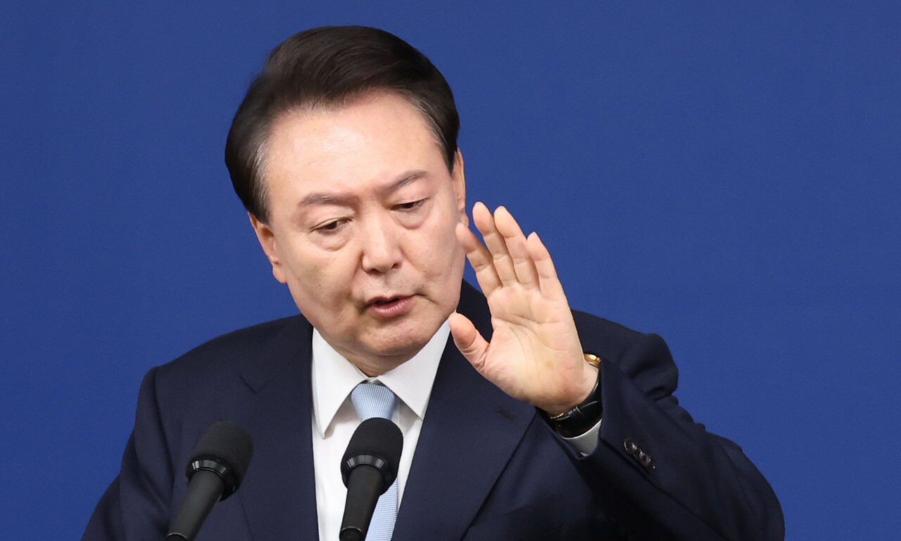 윤석열 대통령이 29일 서울 용산 대통령실 청사 브리핑룸에서 국정브리핑 및 기자회견을 하고 있다. 2024.08.29./뉴시스