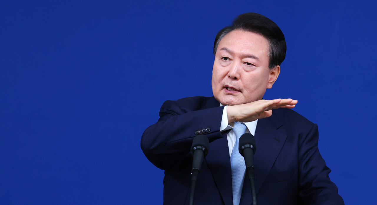 윤석열 대통령이 29일 서울 용산 대통령실 청사 브리핑룸에서 국정브리핑 및 기자회견을 하고 있다. 2024.08.29./뉴시스