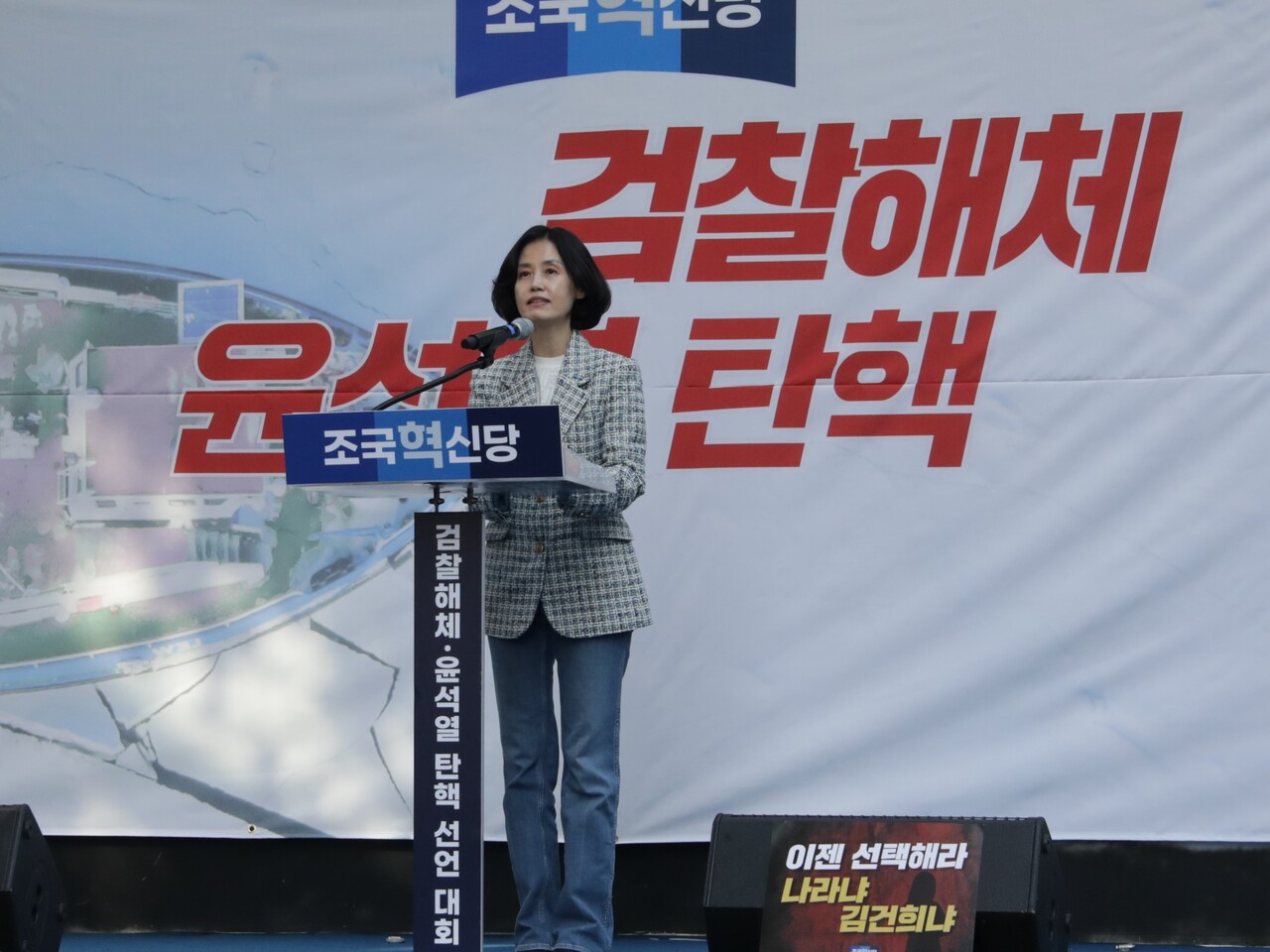 26일 조국혁신당이 대검찰청이 위치한 서울 서초역 8번 출구 앞에서 '검찰 해체·윤석열 탄핵 선언대회'를 개최했다. 발언하는 박은정 조국혁신당 의원 2024.10.26/사진=조은결 기자