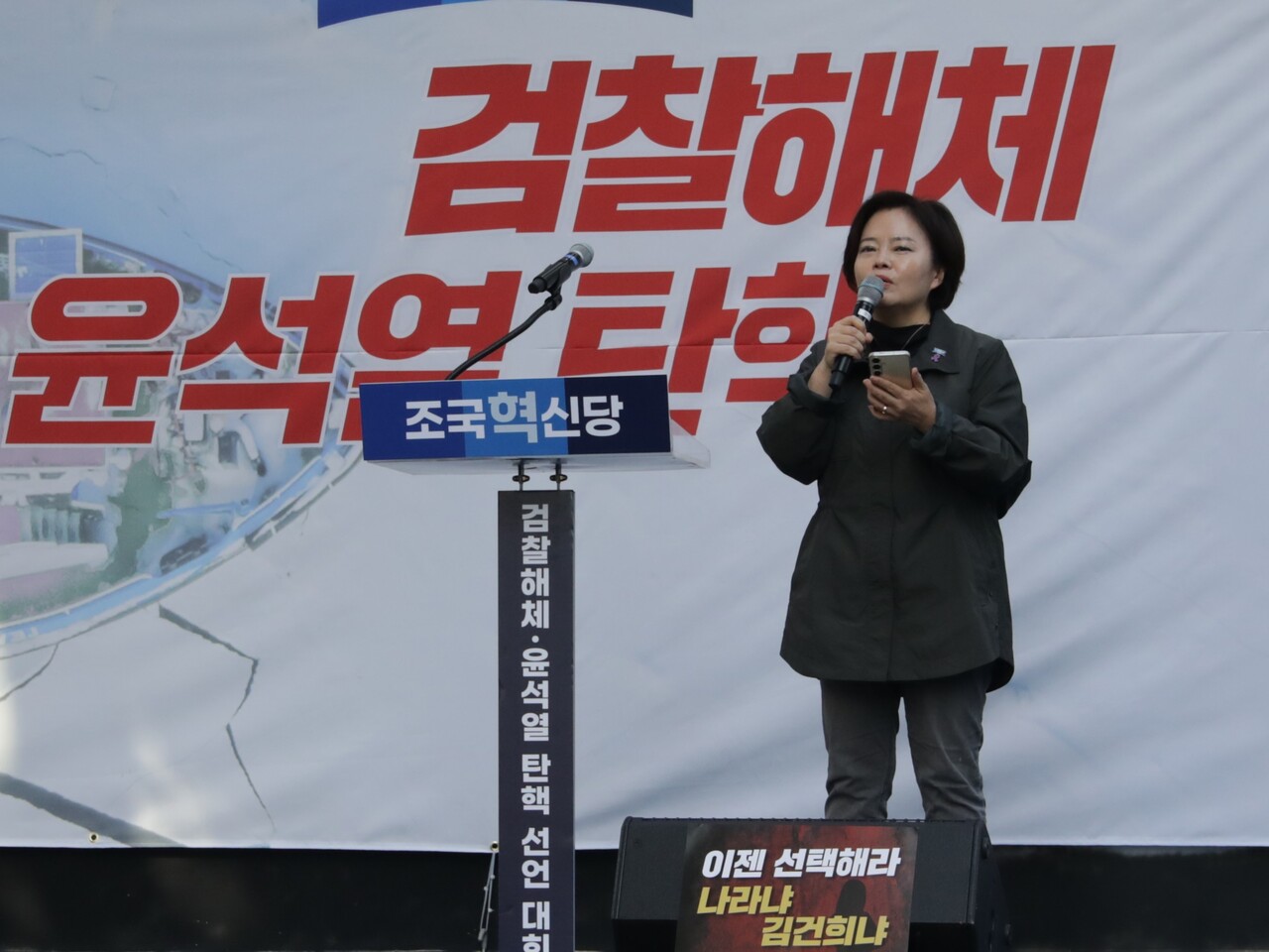 26일 조국혁신당이 대검찰청이 위치한 서울 서초역 8번 출구 앞에서 '검찰 해체·윤석열 탄핵 선언대회'를 개최했다. 발언하는 정춘생 조국혁신당 의원 2024.10.26/사진=조은결 기자