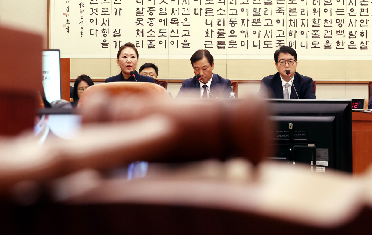 김영선 전 국민의힘 의원 회계책임자인 강혜경(왼쪽) 씨가 21일 오후 서울 여의도 법제사법위원회에서 열린 대검찰청에 대한 국정감사에서 의원들의 질의에 답변하고 있다. 왼쪽부터 강 씨, 윤재순 대통령비서실 총무비서관, 심우정 검찰총장. 2024.10.21./뉴시스