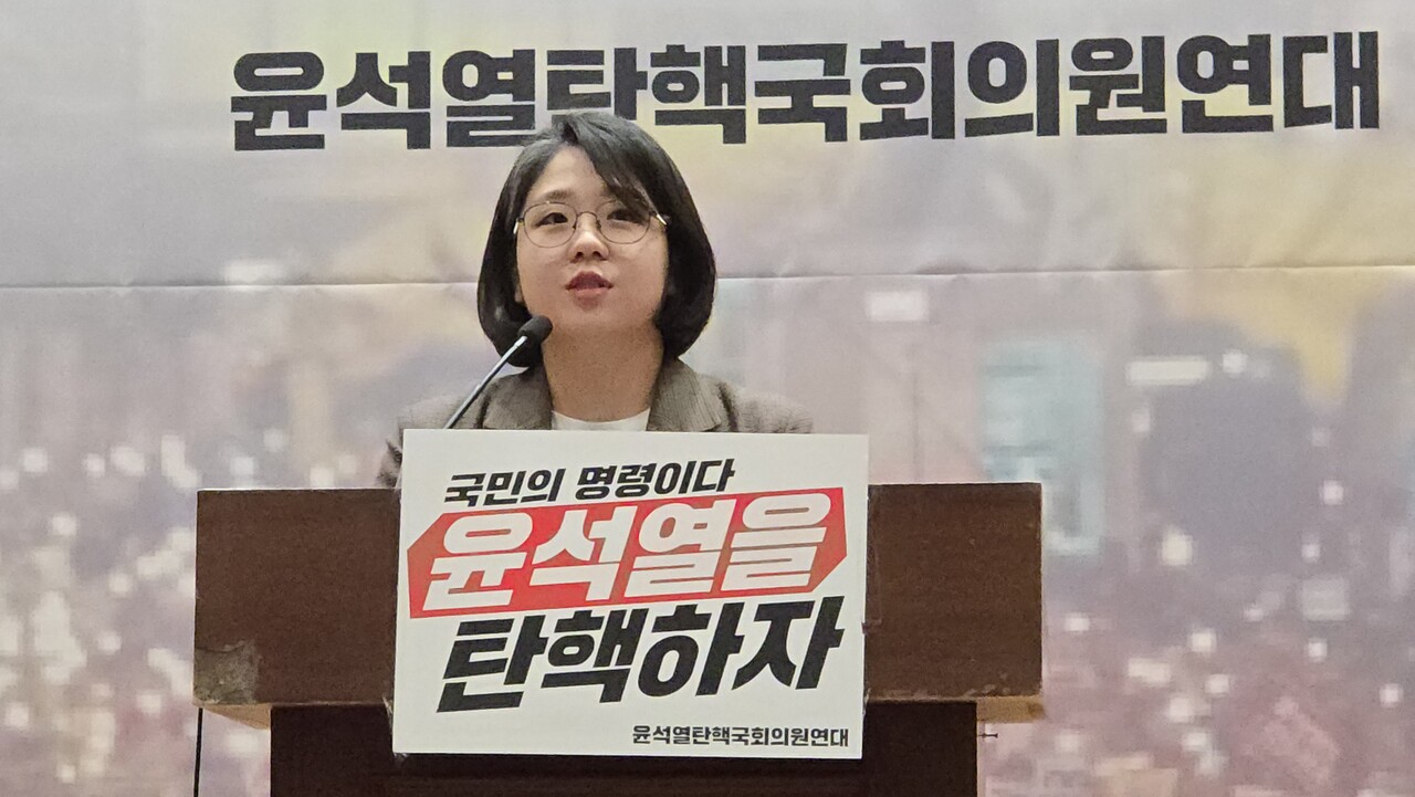 13일 국회 국회의원회관 대회의실서 더불어민주당과 조국혁신당, 진보당, 사회민주당, 기본소득당 등 야 5당 의원 40여명이 참여한 '윤석열 탄핵 국회의원 연대'가 공식 출범했다. 발언하는 용혜인 기본소득당 대표. 2024.11.13/사진=조은결 기자