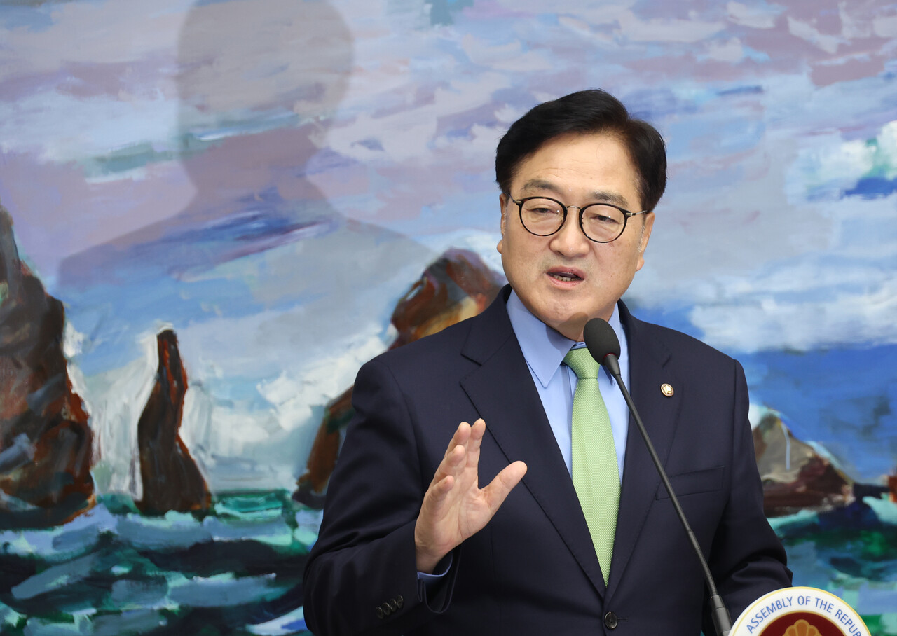 원식 국회 의장이 22일 서울 여의도 국회에서 채해병 순직 국회 국정조사 관련 기자회견을 하고 있다./사진=뉴시스