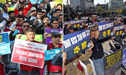 고용허가제 철폐 시위 vs 불법체류자 추방 시위 사진 (출처 =세계일보 2018. 10. 14.자 뉴스기사)