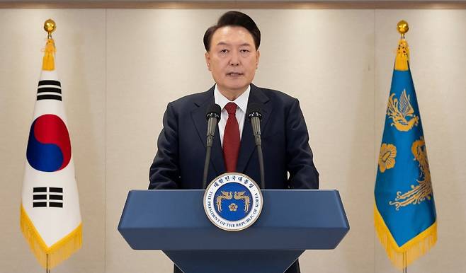윤석열이 12일 서울 용산 대통령실에서 대국민 담화를 하고 있다. /사진=대통령실 제공