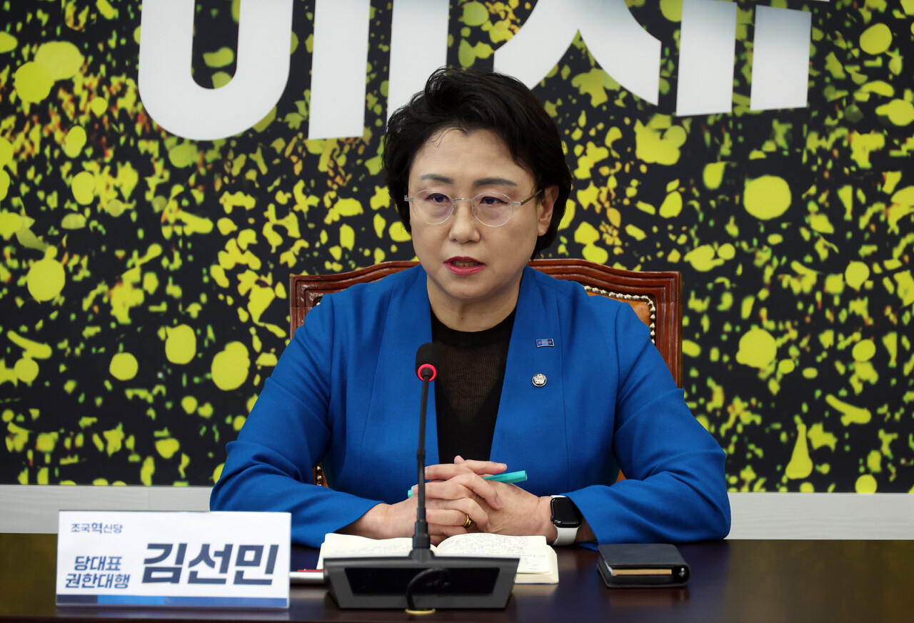 김선민 조국혁신당 대표 권한대행이 29일 서울 여의도 국회에서 현안 기자간담회를 하고 있다./사진=뉴시스