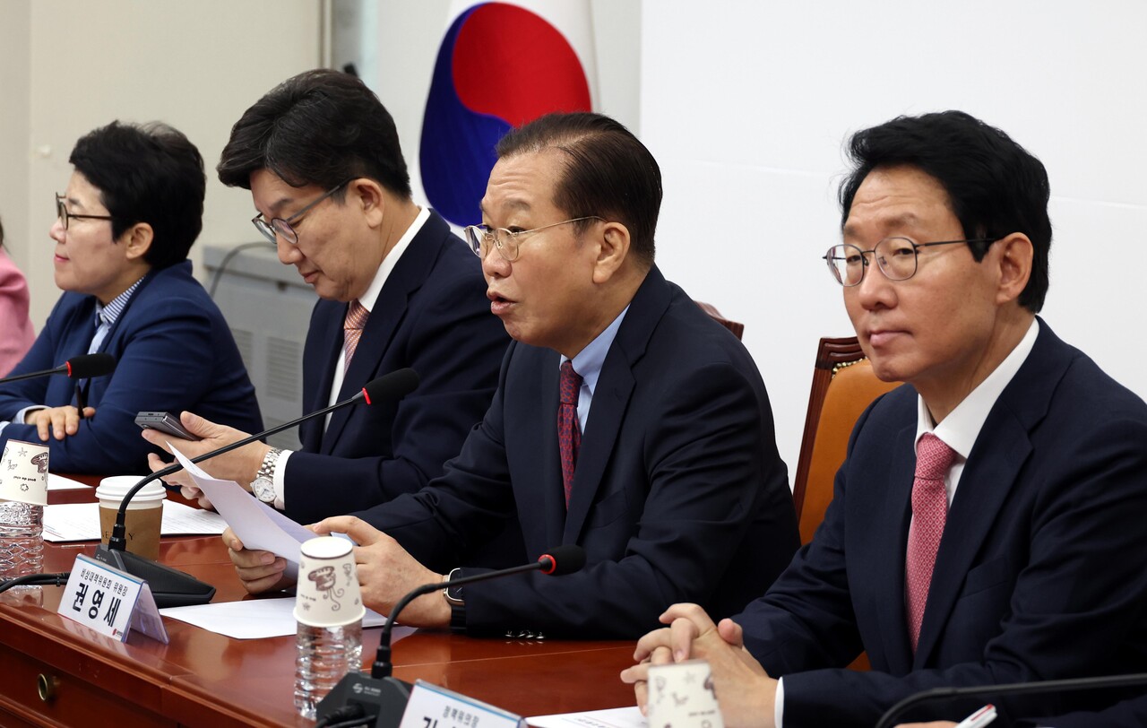 권영세 국민의힘 비상대책위원장이 3일 오전 서울 여의도 국회에서 열린 비상대책위원회의에서 발언을 하고 있다./사진=뉴시스