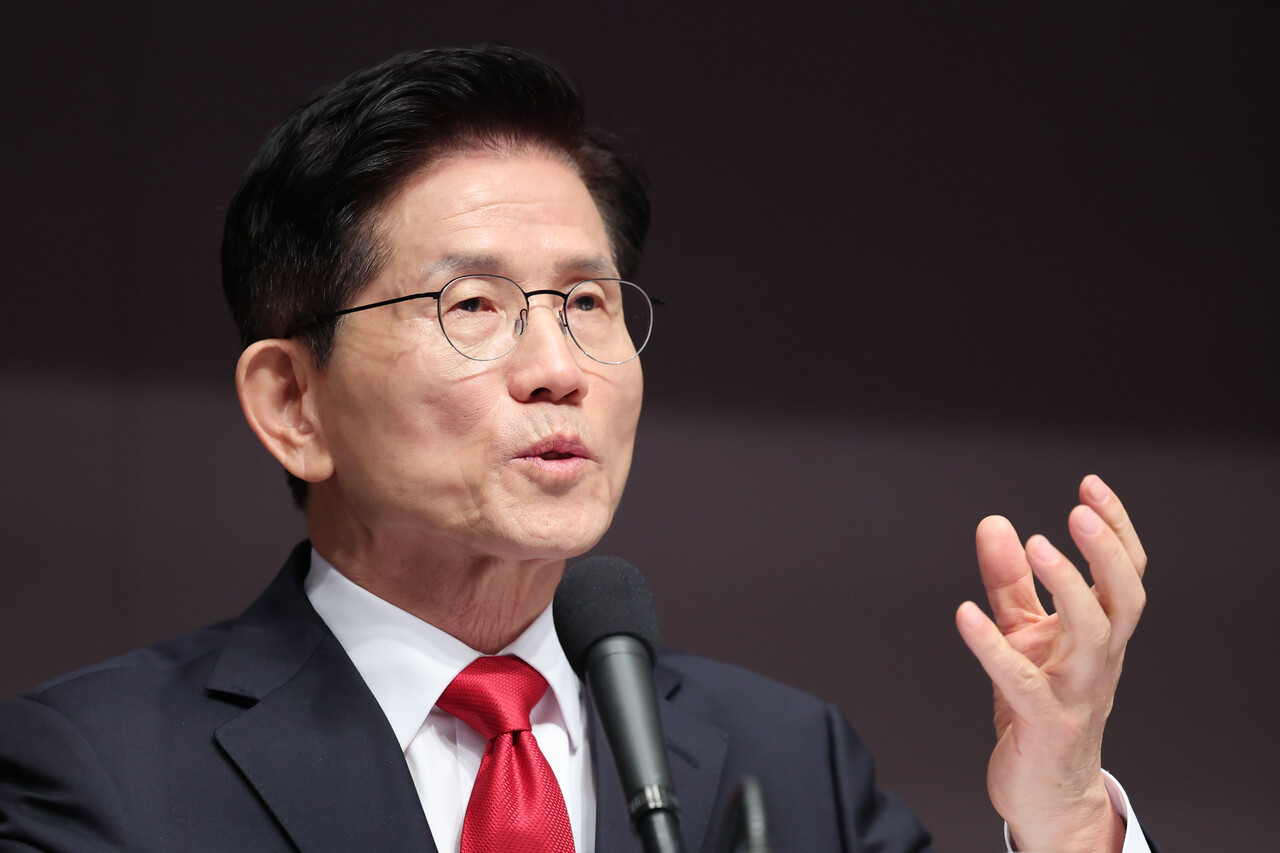 김문수 국민의힘 대선 후보가 8일 서울 중구 프레스센터에서 열린 관훈클럽 초청 토론회에서 기조연설을 하고 있다. /사진=뉴시스