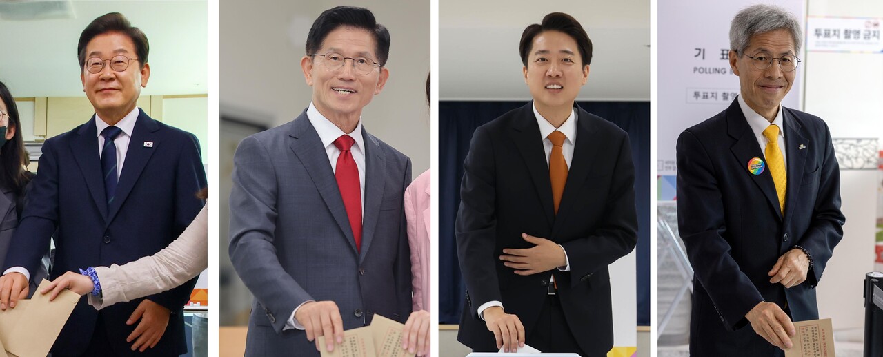 이재명(왼쪽사진부터) 더불어민주당 대선후보, 김문수 국민의힘 대선후보, 이준석 개혁신당 대선후보, 권영국 민주노동당 대선후보가 29일 사전투표를 하고 있다. 이 후보는 신촌동 주민센터, 김 후보는 계양1동 주민센터, 이 후보는 동탄9동 행복복지센터, 권 후보는 여수 주암마을회관에서 각각 투표를 마쳤다. / 사진=뉴시스