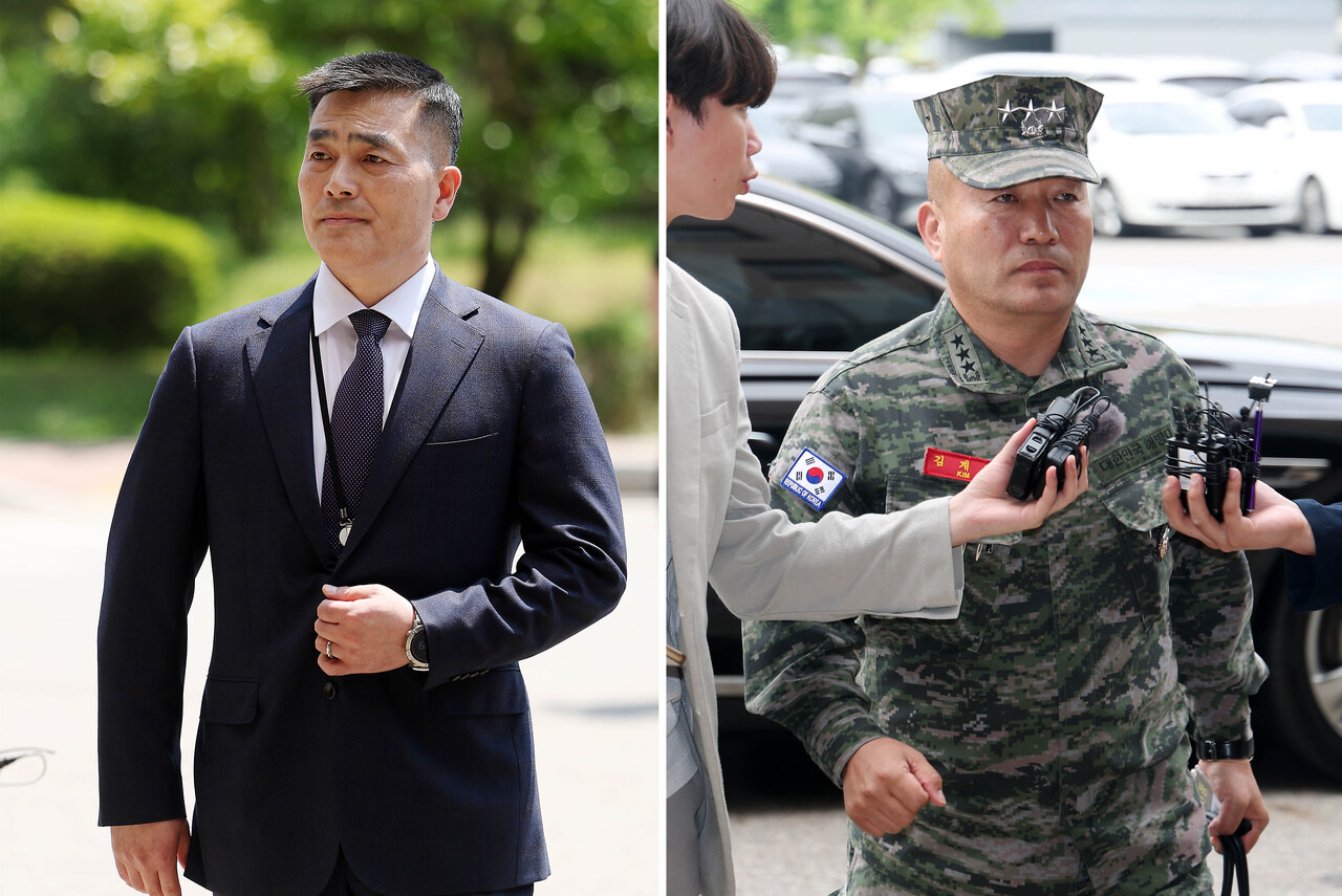 박정훈(왼쪽 사진) 전 해병대 수사단장과 김계환(오른쪽 사진) 해병대사령관이 채모 상병 사망 사건 관련 조사를 받기 위해 21일 경기 정부과천청사 고위공직자범죄수사처(공수처)에 출석하고 있다. 2024.05.21./뉴시스
