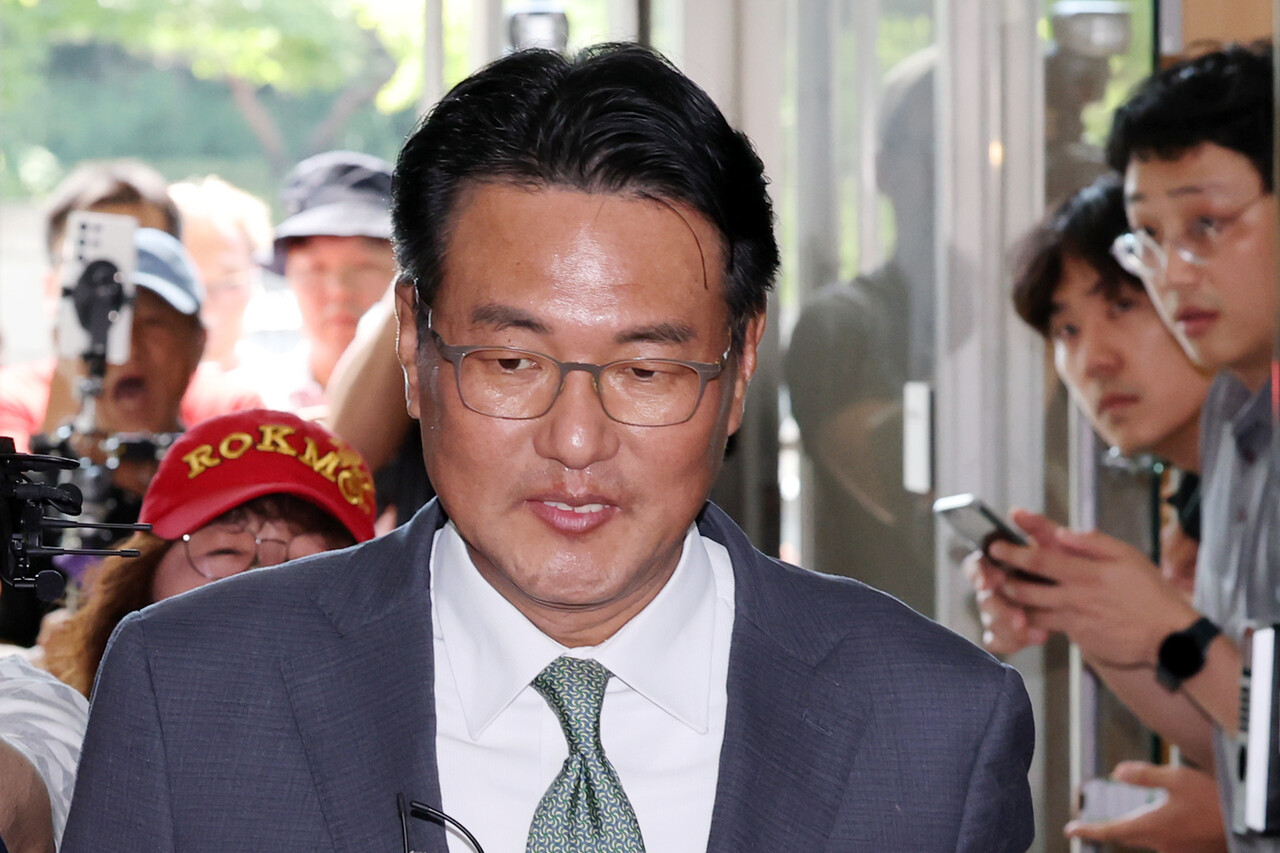 김태효 전 국가안보실 1차장이 11일 오후 서울 서초구 순직 해병 특별검사팀 사무실로 출석하고 있다. 2025.07.11./뉴시스