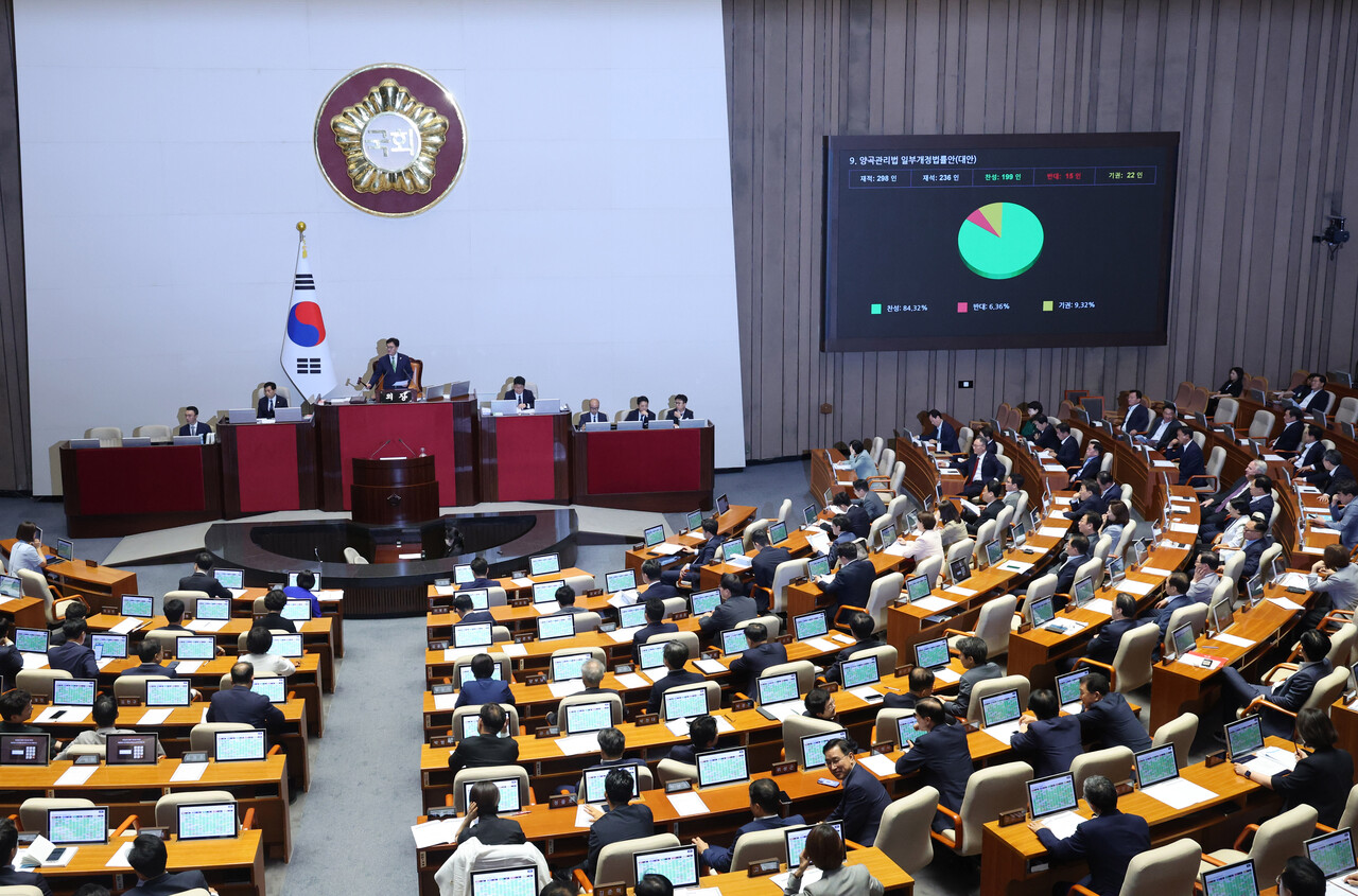  4일 오후 서울 여의도 국회에서 열린 제427회국회(임시회) 제3차 본회의에서 양곡관리법 일부개정법률안이 통과되고 있다. /사진=뉴시스
